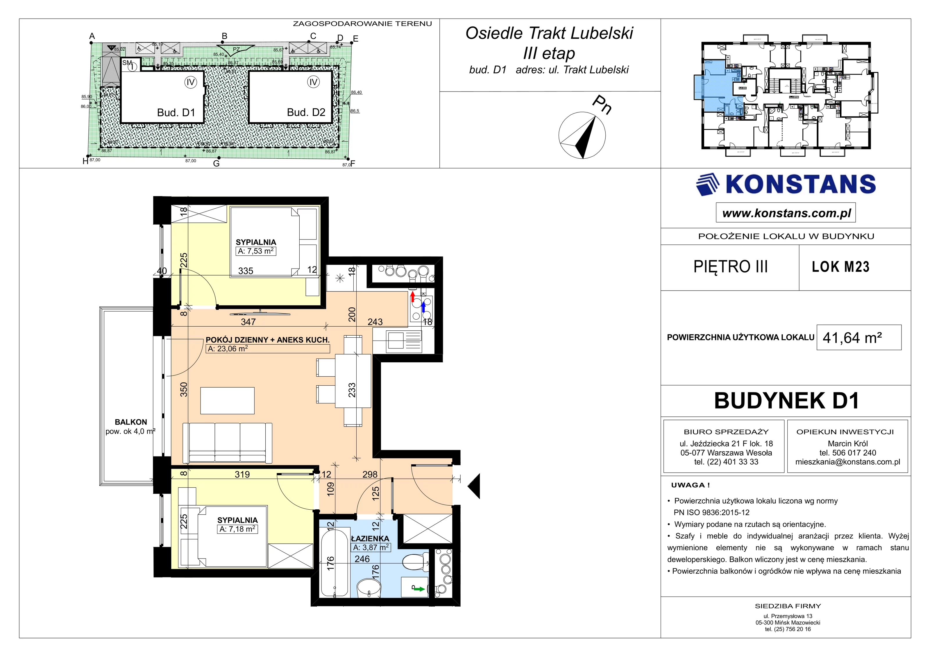 3 pokoje, mieszkanie 41,64 m², piętro 3, oferta nr D1.23, Trakt Lubelski Etap III, Warszawa, Wawer, Zbytki, ul. Trakt Lubelski 181C/181D